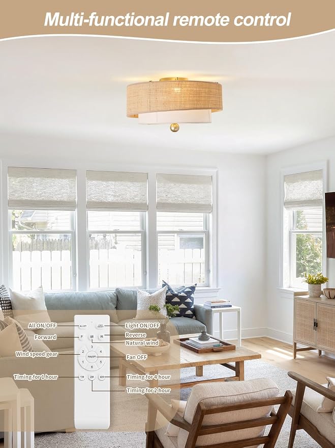 Flush Mount Ceiling Fan with Lights, 20" Caged Boho Ceiling Fan with Light Remote Control, Low Profile Bladeless with 6 Speeds, Drum Rattan Fabric for Bedroom, Nursery, Dining Room, Living Room