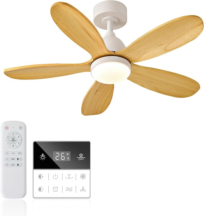 36 Inch Solid Wood Ceiling Fans With Lights, Remote Control, Dimmable, Reversible, Wood Blades, Power-Off Memory, Quiet DC Motor, Indoor/Oudoor Ceiling Fan with Light for Patio