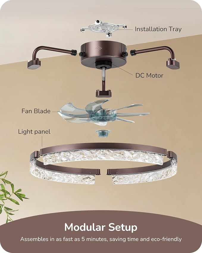 EDISHINE 20'' Ceiling Fans with Lights and Remote, LED Low Profile Fan Light, 3000-6000K Dimmable, 6 Speeds Flush Mount Ceiling Fan, DC Motor, APP Control, Modern Fandelier for Bedroom, Brown