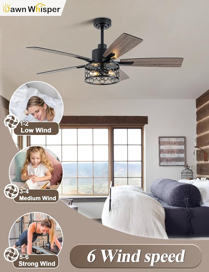 Dawn Whisper 52 Inch Farmhouse Ceiling Fans with Lights and Remote Quiet and Reversible DC Motor Black Industrial Rustic Caged Ceiling Fan for Bedroom Living Room Covered Patio (12-Black)
