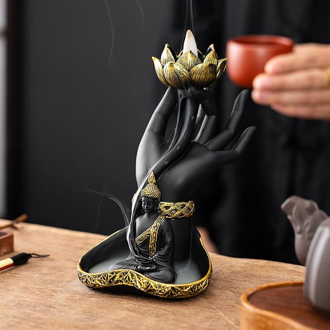 Hand-Held Lotus Backflow Incense Burner & Candle Holder - Zen Waterfall Incense Fountain with Buddha Statue, Resin Incense Burner for Home Decor, Meditation & Yoga Relaxation