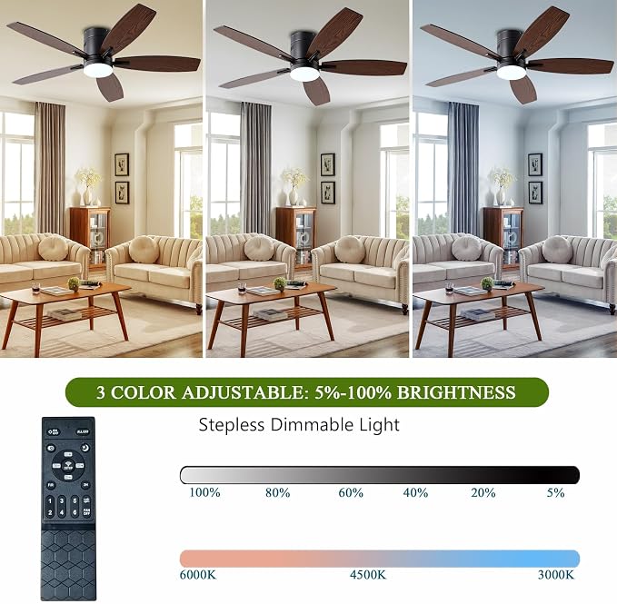 Ayaoty Ceiling Fans with Lights, 52" Low Profile Indoor Ceiling Fan with Light and Remote Control, Dimmable, Noiseless, Reversible, Brown Ceiling Fan for Bedroom, Indoor/Outdoor Use