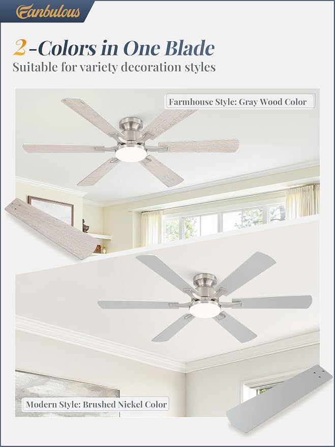 Fanbulous 52 Inch Ceiling Fan with Lights, APP & Remote Control, Flush Mount Low Profile Brushed Nickel Ceiling Fan, 3000-6000K Dimmable LED, Quiet Reversible Motor, 6 Speeds, for Bedroom Living Room