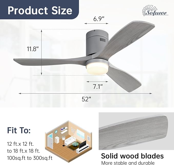 Sofucor 52 Inch Low Profile Ceiling Fans with Light, Modern Flush Mount Solid Wood Ceiling Fan with Airflow 5000CFM, Quiet DC Motor, 6 Speeds, Timer & Reversible for Bedroom Living Room, ETL, Gray