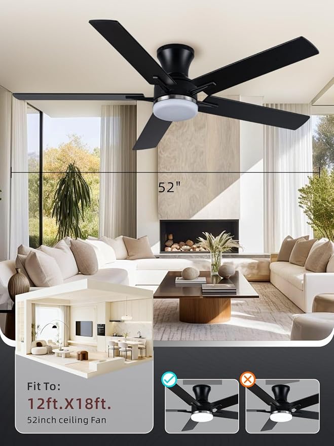 LANMEL 52 Inch Flush Mount Ceiling Fan with Light, App&Remote Control, Low Profile Modern Ceiling Fan, 6 Speed, Reversible, 3000k-6500k Dimmable LED, Quiet DC Motor for Indoor Outdoor, Silver Black