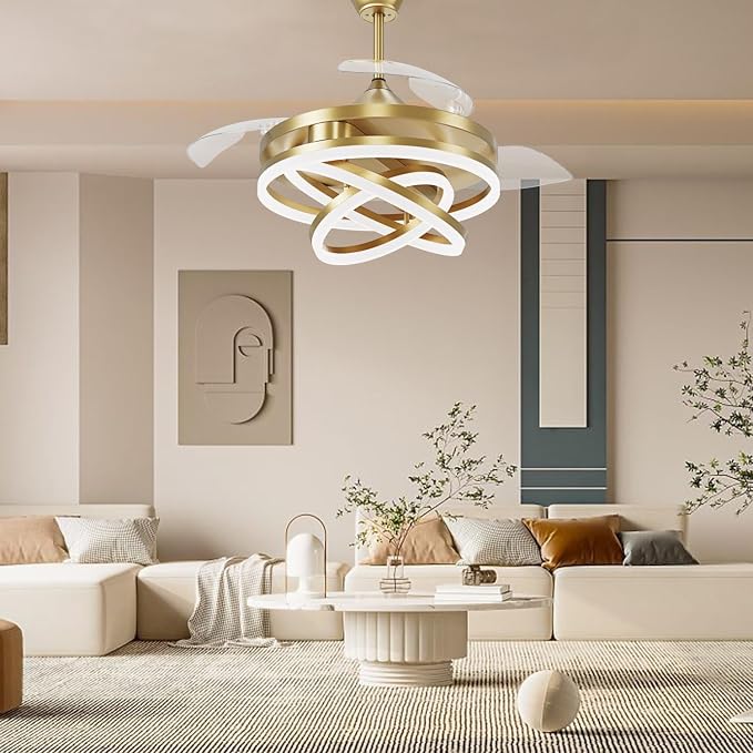TXCSLY Retractable Ceiling Fan, 42 Inch Chandelier Ceiling Fans with Light, Modern Fandelier Ceiling Fan for Bedroom Living Room Dinning Room, Reverse Motor, 3 Color, 6 Wind Speed, Gold