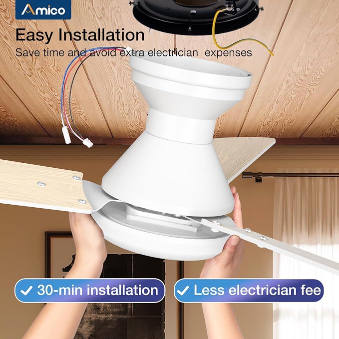 Amico 2 Pack Ceiling Fans with Lights, 42 inch Low Profile Ceiling Fan with Light and Remote Control, Flush Mount, Reversible, 3CCT, Dimmable, Noiseless, White Ceiling Fan for Bedroom, Indoor/Outdoor