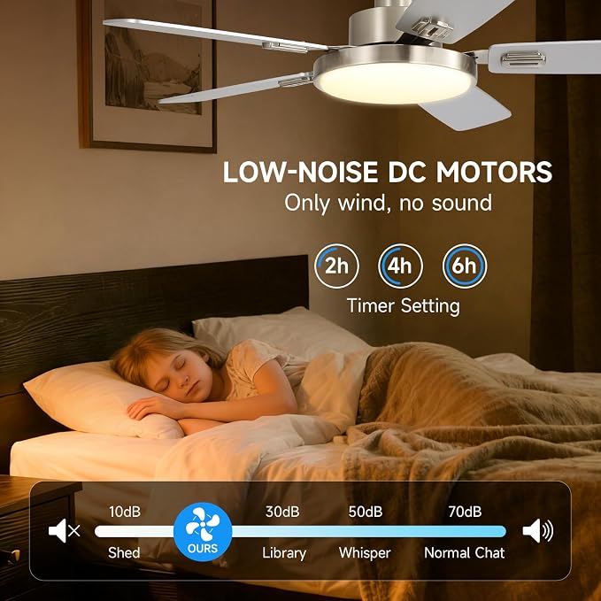 44 Inch Ceiling Fans with Lights and Remote for Bedroom Living Room Kitchen Office, Indoor/Outdoor Use, 5CCT Dimmable, Dual Color 5 Blades, 6 Speed Reversible Quiet DC Motor, Sand-nickel/Wood Grain