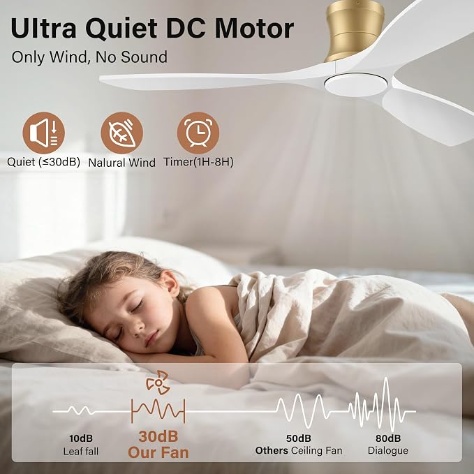 52" Wood Flush Mount Ceiling Fans with Lights Remote Control,Dimmable,Reversible,Modern Gold White Wood Ceiling Fan with Quiet DC Motor,Outdoor Indoor Low Profile for Bedroom Living Room Patio