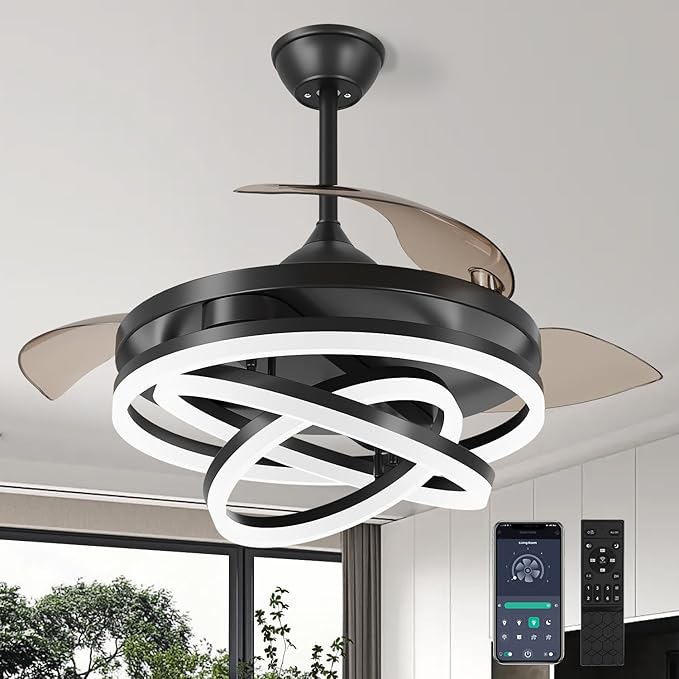 TXCSLY Retractable Ceiling Fan, 42 Inch Chandelier Ceiling Fans with Light, Modern Fandelier Ceiling Fan for Bedroom Living Room Dinning Room, Reverse Motor, 3 Color Temperature, 6 Wind Speed-Black