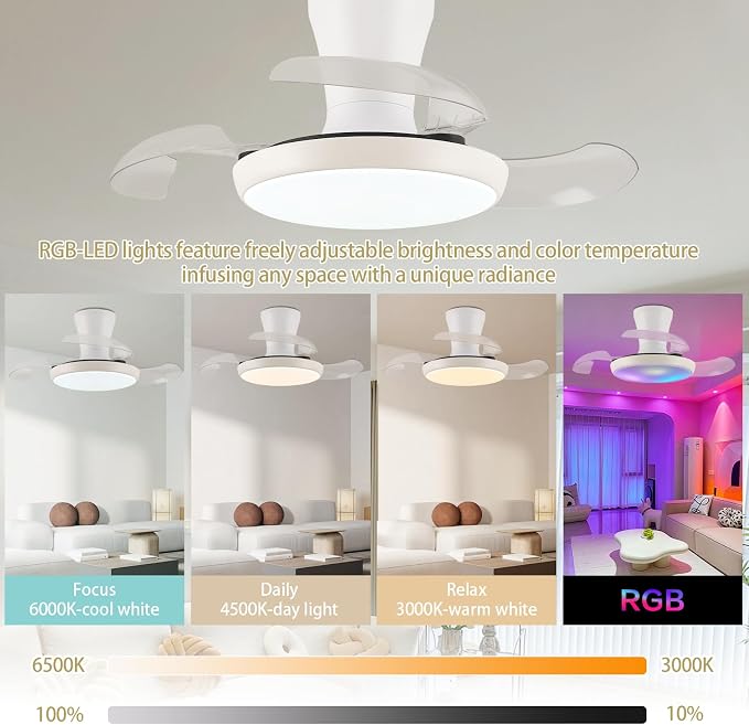 30" RGB Ceiling Fan with Light Chandelier Fan Modern Fandelier Dimmable LED 6-Speed Reversible White,Remote APP Control