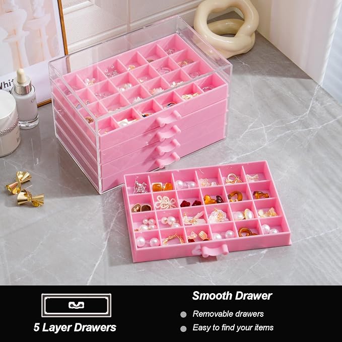 YUFONG Earring Storage Box Organizer, Acrylic Jewelry Storage Box Holder 5 Drawers Transparent Jewelry Display Stand with 120 Small Compartments Gift Boxes for Women Girls (Pink)