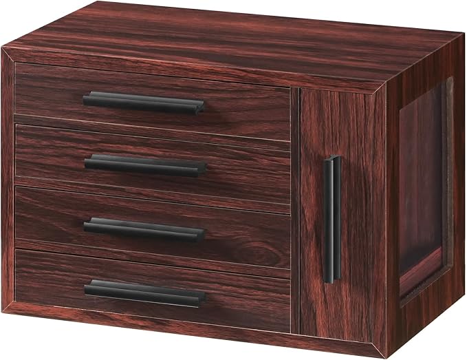 HOOBRO Jewelry Box for Women, Wooden Jewelry Organizer with Transparent Window, 4-Layer Jewelry Organizer Box, Jewelry Holder Organizer for Earrings, Necklaces, Rings, Dark Walnut and Black BRT09JB04