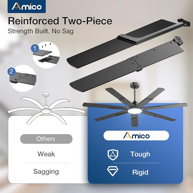 Amico Ceiling Fans with Lights,66 inch Black Ceiling fan with Light and Remote, 6 Speed Reversible DC Motor, 3CCT, Dimmable, Quiet, Timer, Large Modern Ceiling Fan for Living room, Indoor/Outdoor