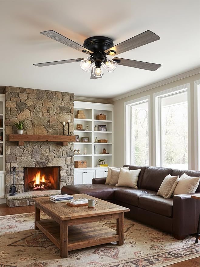 52 Inch Vintage Ceiling Fan with Light and Remote Control | Flush Mount Chandelier Fandelier Rustic with 6 Speeds 5 Reversible Blades for Bedroom Kitchen Dining Room