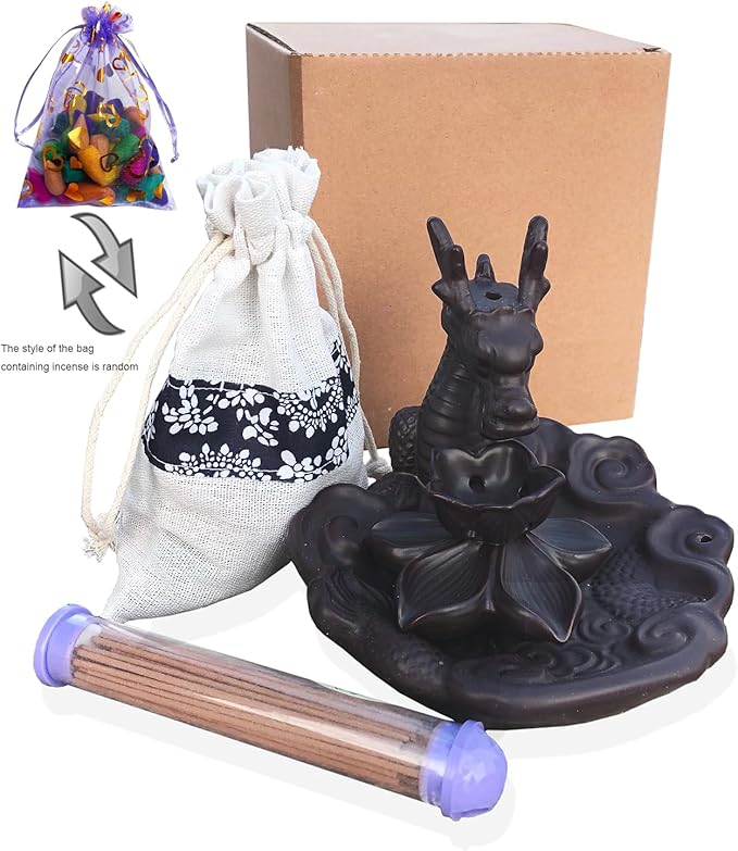 Dragon Incense Waterfall Burner Ceramic Backflow Incense Holder Set with Incense Cones and Incense Sticks, Dragon Ornament for Home Décor