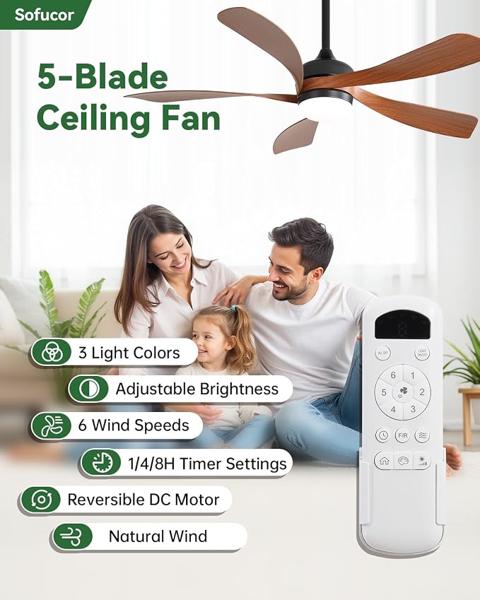 Sofucor 52 Inch Ceiling Fans with Lights and Remote, Outdoor Ceiling Fan with Light 6-Speed 3 CCT 3-Timer, Low Profile Ceiling Fan 5 Blade Reversible DC Motor for Living Room Bedroom Patio