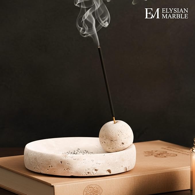 Incense Holder for Sticks, Natural Marble Incense Burner Ash Catcher Plate for Palo Santo, Sage, Meditation, Yoga and Home Decor - Travertine