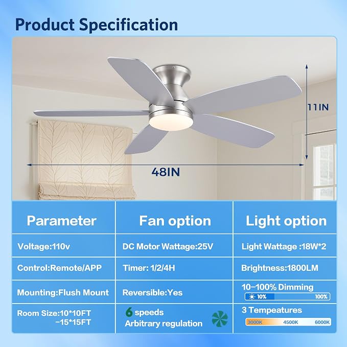 JSAITEE Flush Mount Low Profile Ceiling Fan, 48in Modern Ceiling Fan with Remote, 1/2/4 Timer, 5 Blades Reversible, 3CCT LED Dimming, Indoor Fan for Bedroom, Kitchen - Nickel