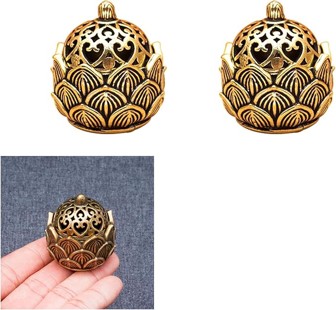 2 Pcs Mini Brass Lotus Flower Incense Holder, Calligraphy Style Closed Incense Burner Desktop Ornament Ash Catcher with Lid for Bedroom Kitchen Teahouse Office Home Decor Yoga Spa Madiation