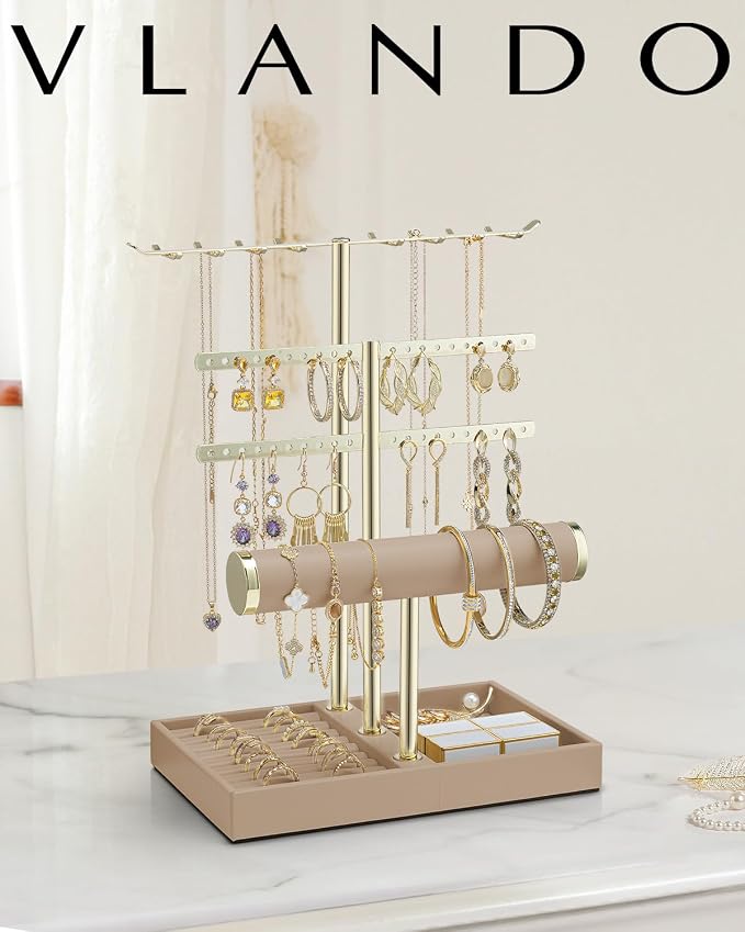 VLANDO 3 Tier Jewelry Stand Organizer with Tary, Leather Jewelry Holder Display for Women, Gold Jewlery Holder Display for Necklace, Earring, Bracelet, Rings - Toffee