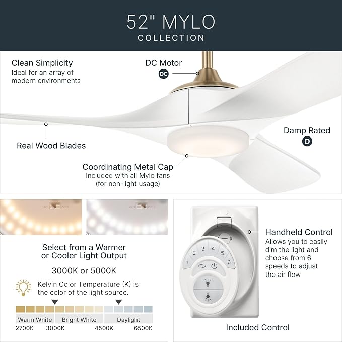 Kichler Mylo 52 in Ceiling Fan with Light, 6-Speed Remote Control Modern Fan with Satin Etched Cased Opal Glass in Champagne Bronze with Matte White Wood Blades, 310552CPZMWH