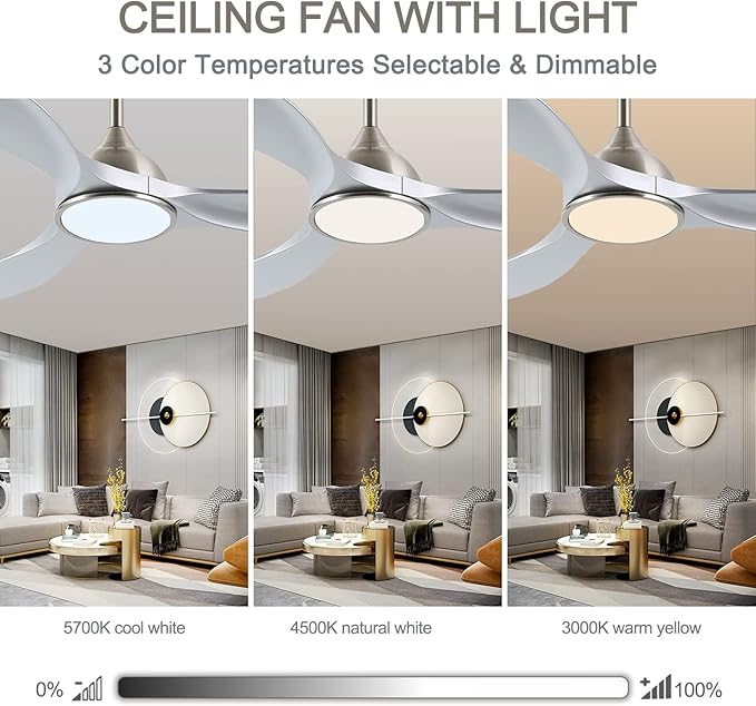 52 Inch Modern 3 Blade Silver Ceiling Fan with Lights Remote Control | Quiet DC Motor, 6 Speed High CFM, Indoor Ceiling Fan for Bedroom, Office, Living Room