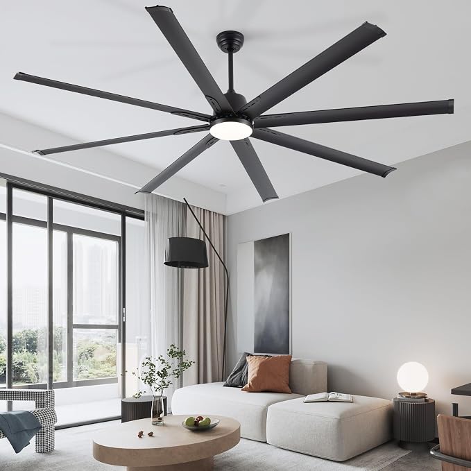 Minislak 84 lnch lndustrial Celing Fan with Light and Remote Control,Large Celing Fan with 8 Black Aluminum Blades,6 Speed Noiseless DC Motor,Wet Rated Indoor Outdoor Ceiling Fans for Patio,Exterior