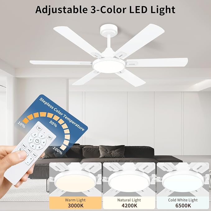 52 Inch Ceiling Fans with Lights, 6 Wooden Blades, White | Remote Control, Reversible Quiet DC Motor, 6-Speed, 3CCT Dimmable LED, Timer for Living Room, Bedroom, Office