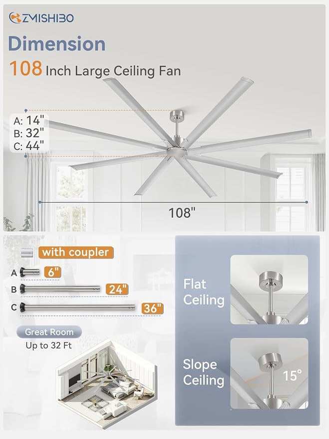 ZMISHIBO 108 Inch Large Ceiling Fans with Remote, High Volume(HVLS) Industrial Ceiling Fan with Reversible DC Motor, 8 Blades, 3 Downrods, Commercial Outdoor Ceiling Fans for Porch/Garage/Shop,Nickel