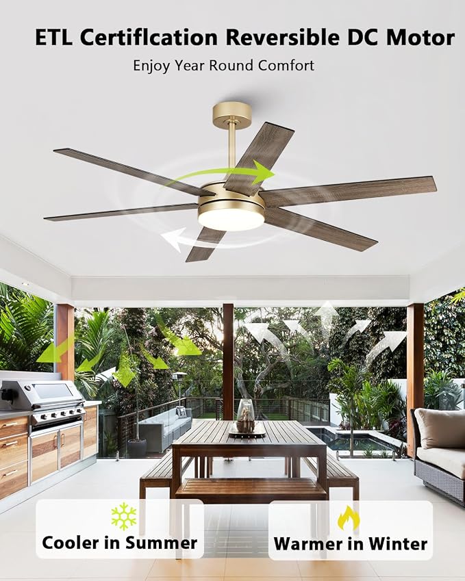 60 Inch Gold Ceiling fans with Lights and Remote/APP, Modern Large Black and Gold Ceiling Fan for Living Room Patio Shop with 3CCT, 6 Speeds, Timer, 5 Blade Indoor Outdoor Sleek Brass Fandelier