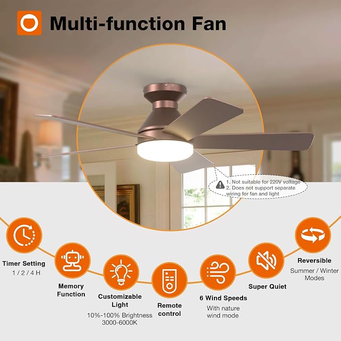 addlon Ceiling Fans with Lights, 42 Inch Low Profile Ceiling Fan with Light and Remote Control, Flush Mount, Reversible, 3CCT, Dimmable, Quiet, Brown Small Ceiling Fan for Bedroom Indoor/Outdoor Use