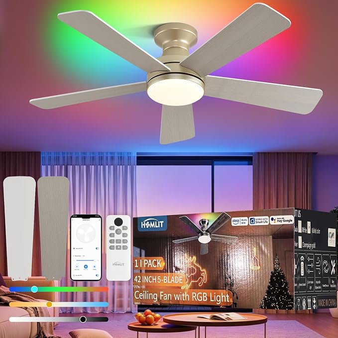 42 inch RGB Ceiling Fan with Light, Voice & App & Remote Control Low Profile Flush Mount Ceiling Fan,6 Speeds Silent Motor, 4-Color Temperature Dimmable for Home Office Party, Champagne Gold