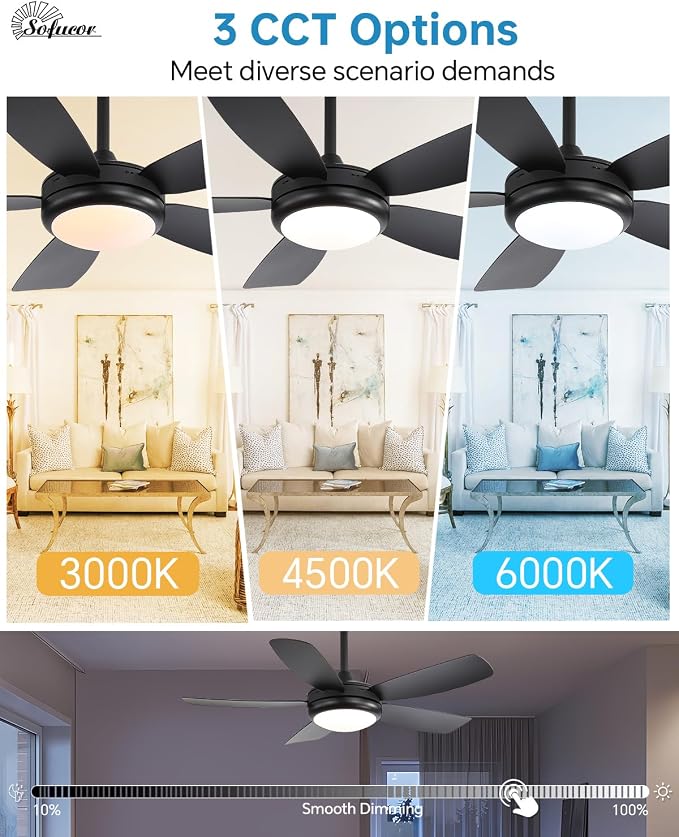 Sofucor 42 Inch Ceiling Fans with Lights-Modern Black Small Bedroom Ceiling Fan with Remote Control, Plug-in Blades Quick Install, Quiet DC Motor,Outdoor ABS Ceiling Fan for Kitchen/Living Room/Patios
