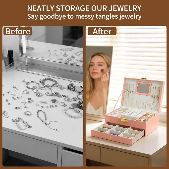 coobest Jewelry Box, 2 Layer Jewelry Organizer with Velvet Earring Organizer, Jewelry Holder Organizer Travel, White Jewelry Boxes for Women, Jewelry Boxes & Organizers for Girls, pink