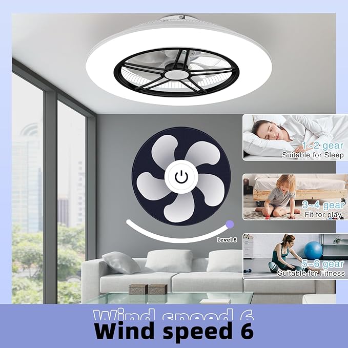 BAYSQUIRREL Alexa WiFi Low Profile Ceiling Fan with Light Flush Mount Enclosed Ceiling Fan LED Dimmable Bladeless Ceiling Fans with Google Assistant/App Control,6 Speed Dimmable LED-RGB Lights 22inch