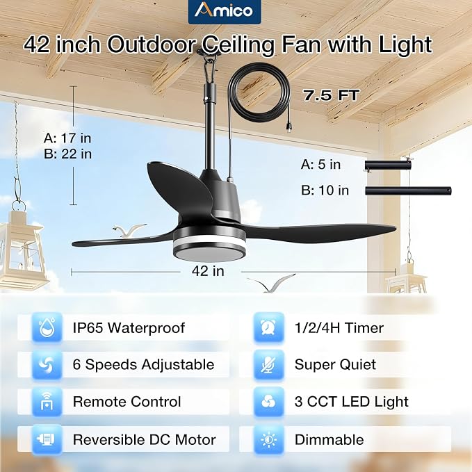 Amico 42 Inch Outdoor Ceiling Fans with Lights for Patios, IP65 Waterproof Gazebo Fan Remote Control, 3000-6000K, 6 Speeds, Hook Hanging Plug in Ceiling Fan for Patio Porch Pergola Garage Canopy