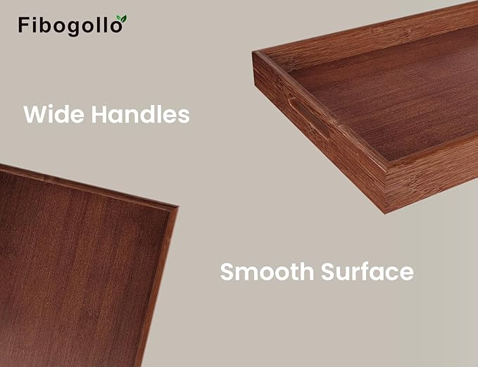 Fibogollo Bamboo Set of 2 Serving Tray with Handles,Decorative Trays Platter,Breakfast Tray in Bed,Food Drinks Tray for Eating,Working,Storing(Brown)