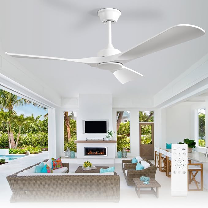 Depuley Ceiling Fan Without Light: 52 Inch 3 Blade Outdoor Fans for Patios - White Fandelier Ceiling Fan No Light Indoor Remote Control Ultra Quiet DC Motor Reversible 6 Speed