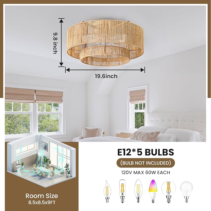 RUIYEY Boho Ceiling Fans with Lights: 20 inch Fandelier Low Profile Ceiling Fans with Remote Control, 5 Blades 6 Speeds DC Reversible E12 5 Light Flush Mount Rattan Ceiling Light Fixtures for Bedroom