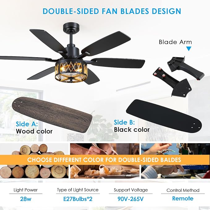 Hounberi 52" Farmhouse Ceiling Fan with Light and Remote, Black Industrial Caged Ceiling Fans with Seeded Glass & Jute Rope Shade, Reversible DC Motor, Rustic Ceiling Fan for Dining Room Bedroom