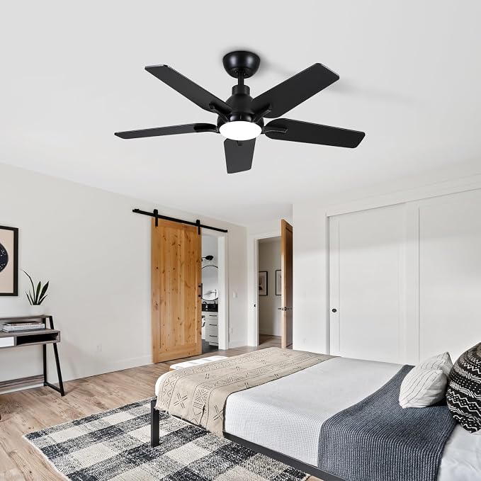 42 Inch Ceiling Fan with Light and Remote Control, Black | 6-Speed Quiet Reversible DC Motor, 3CCT Dimmable 24W LED Light,5 Wood Blades,Used for Bedroom, Living Room, Covered Patio