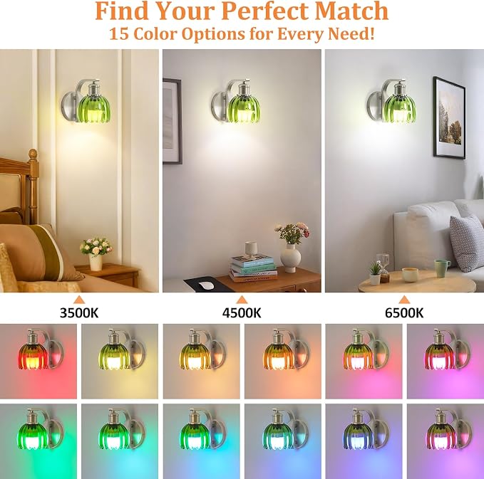 VerRon Rechargeable Battery Operated Wall Sconce with Green Glass Lampshade, Wireless Wall Scone Decor with Remote Control, 15 Colors Brushed Nickle Wall Light for Bedside Hallway Bedroom Doorway