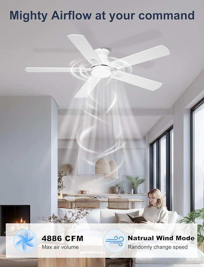 52'' Low Profile Ceiling Fan with Lights for Bedroom, Living Room | App/Remote Control, Flush Mount, Space-Saving, Quiet DC Motor, 3CCT Dimmable, 6 Speeds Modern Overhead Fan for Low Ceilings