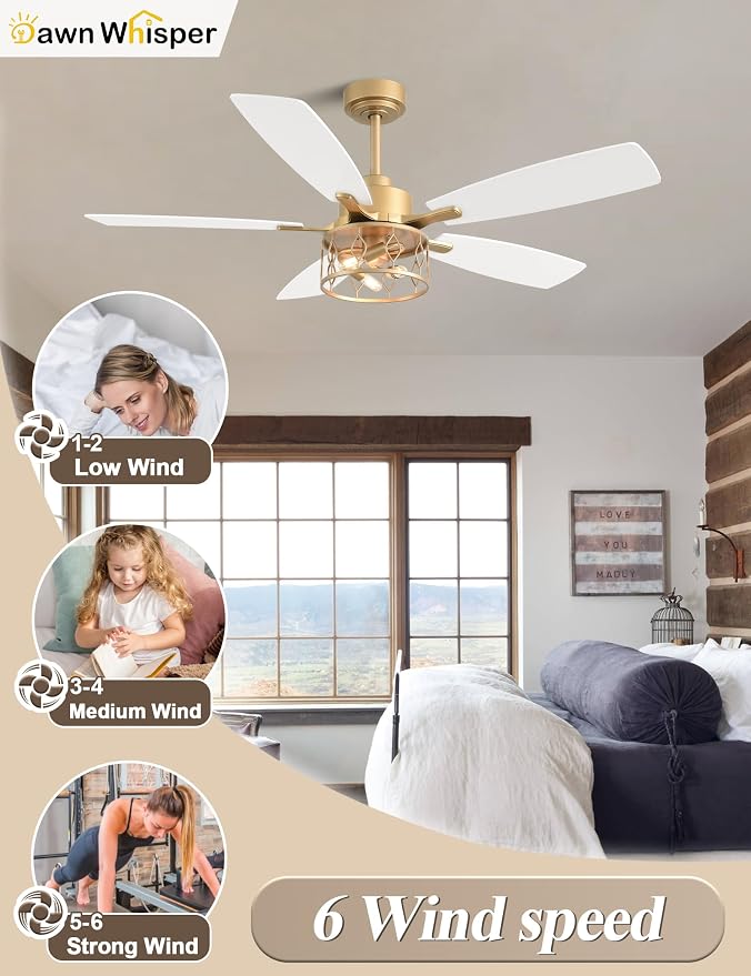 Dawn Whisper 52 Inch Modern Farmhouse Ceiling Fans with Lights White and Gold Rustic Caged Ceiling Fan for Bedroom Living Room Quiet and Reversible DC Motor