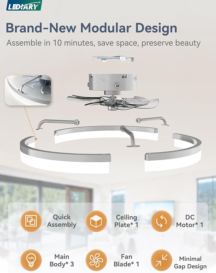 LEDIARY Ceiling Fans with Lights, 20 inch Low Profile Flush Mount Ceiling Fan, Dimmable LED, APP & Remote Control, Quiet Reversible DC Motor, 6 Speeds, Fandelier for Bedroom, Grey