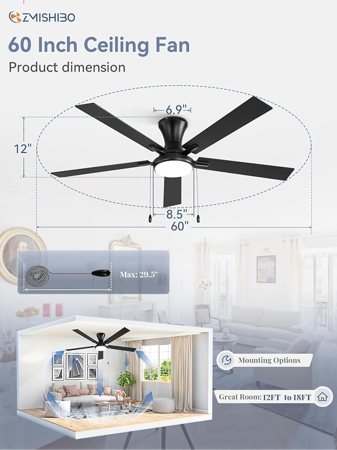 ZMISHIBO Ceiling Fans with Lights, Low Profile Ceiling Fan with Pull Chain and Remote Control, Flush Mount, Reversible, Dimmable, Noiseless, White Pull Cord Ceiling Fan for Bedroom(60inch Black)