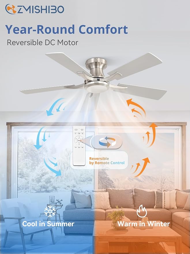ZMISHIBO 42 Inch Ceiling Fan No Light, Flush Mount Low Profile, Modern Nickel Ceiling Fan Without Light, Remote Control & Quiet DC Motor, for Indoor&Outdoor, Bedroom, Living Room