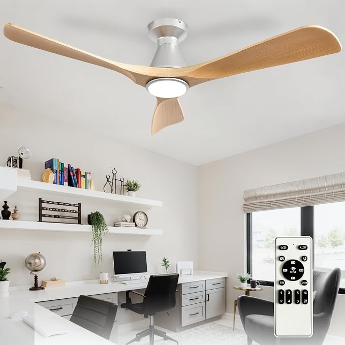 Depuley 52-Inch Ceiling Fans with Lights: Wood 3 Blade Flush Mount Low Profile Ceiling Fan for Bedroom - Dimmable Indoor Outdoor Fan with Remote Control Ultra Quiet DC Motor Timer