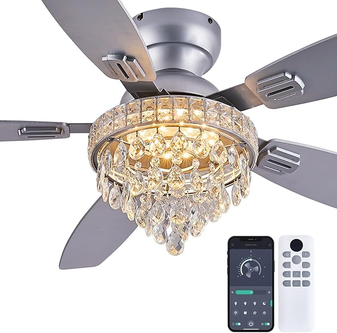 Crystal Ceiling Fan Fandelier with Lights-Ceiling Fans with Lights,54" Low Profile and Remote Control, Flush Mount, Reversible, Dimmable, Noiseless, Sliver Ceiling Fan for Bedroom